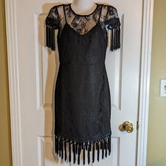 chinese dress ladies Midnight Mystique Black Lace Fringe Dress – Rouge Couture Co main image 1